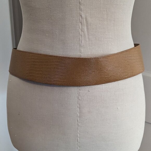 Vintage Textured Leather Belt Wide Tan Yellow‎ Brown Gold Tone Buckle Hardware main image 5